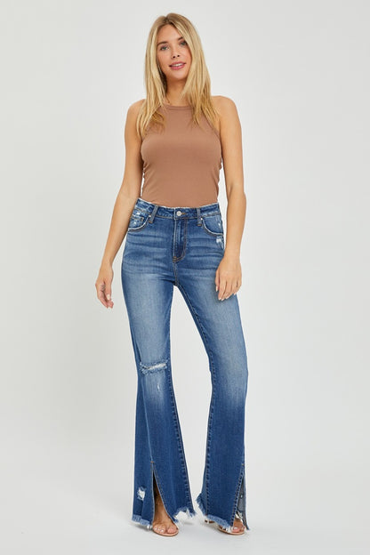 Matty High Rise Front Slit Frayed Hem Flare Jeans