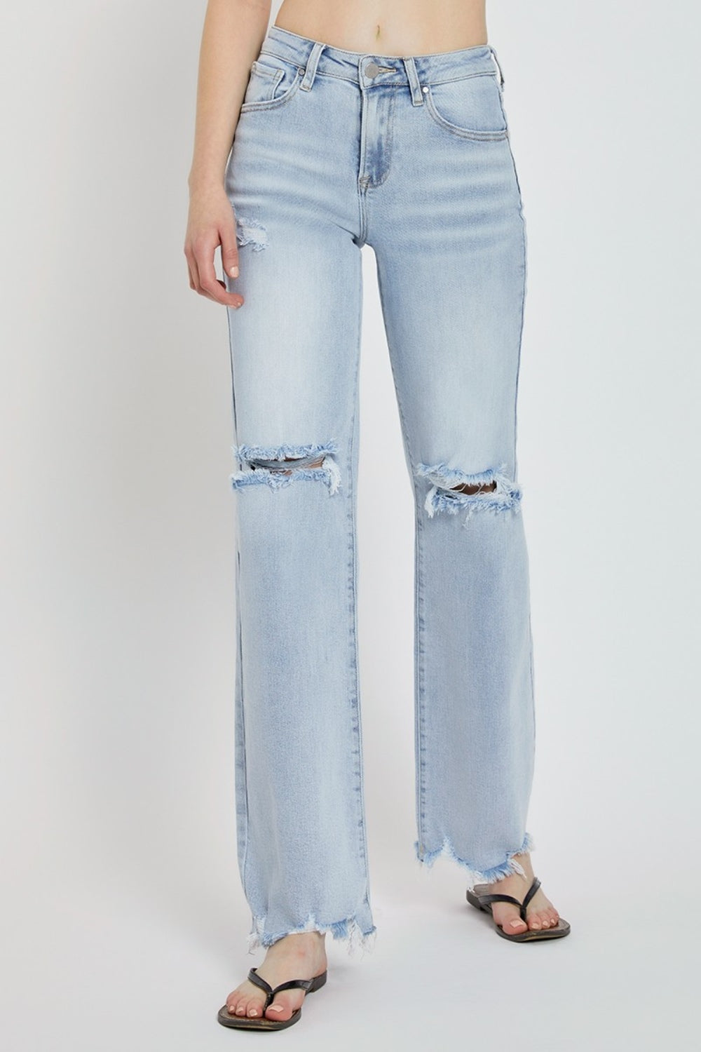 Marty High Rise Distressed Chewed Hem Wide Leg Jeans