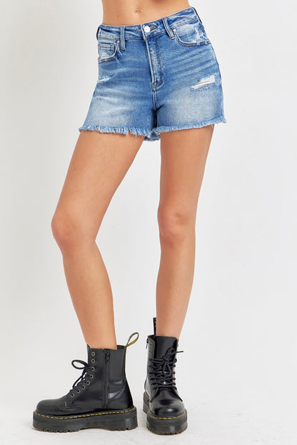 Lenny High Rise Distressed Raw Hem Denim Shorts