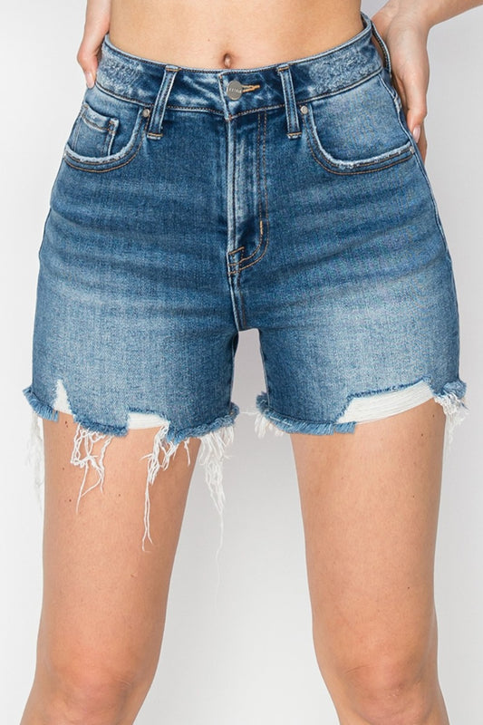 Ellory High Rise Raw Hem Distressed Denim Shorts