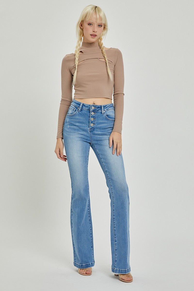 Chrissy High Rise Button Fly Bootcut Jeans