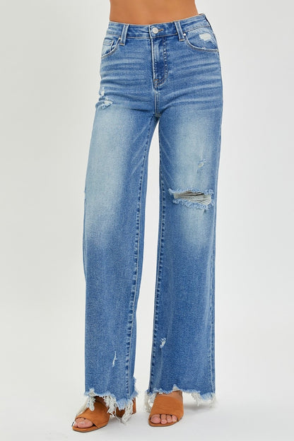 Victoria High Rise Frayed Hem Wide Leg Jeans