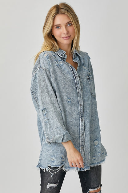 Kaleigh Distressed Raw Hem Denim Shirt