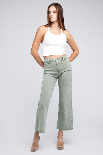 Zenana Acid Wash High Rise Frayed Hem Wide Leg Jeans