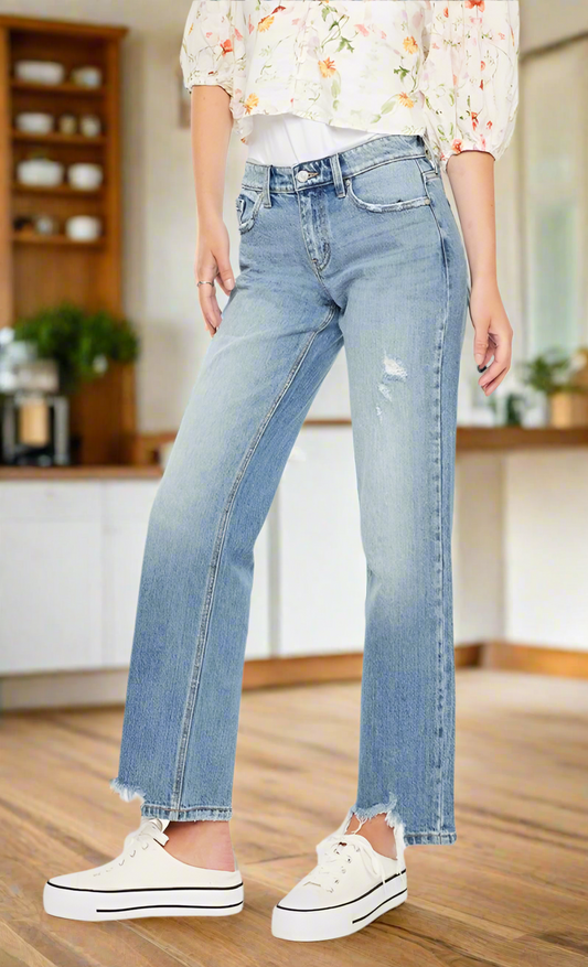 Denver Mid Rise Frayed Hem Straight Jeans