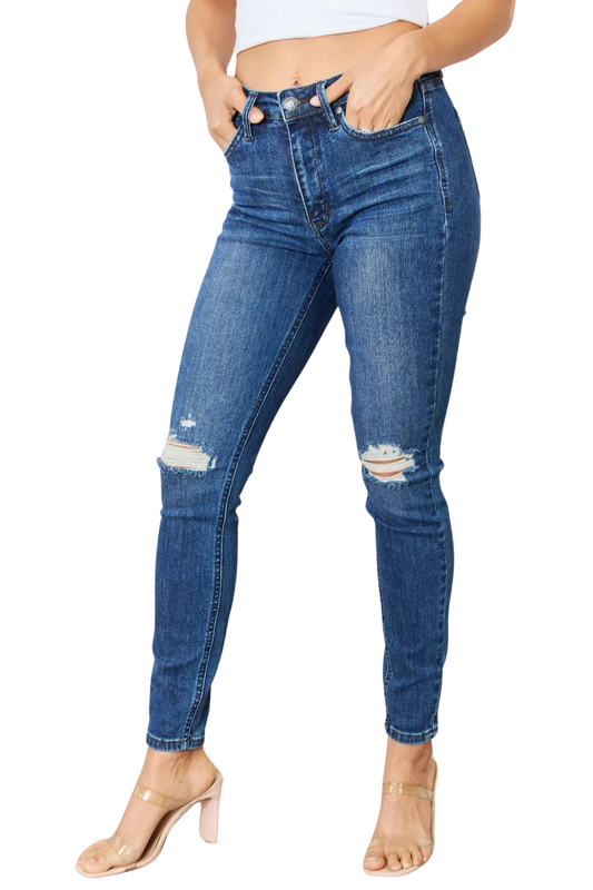 Mallory Mid Rise Control Top Distressed Slim Jeans