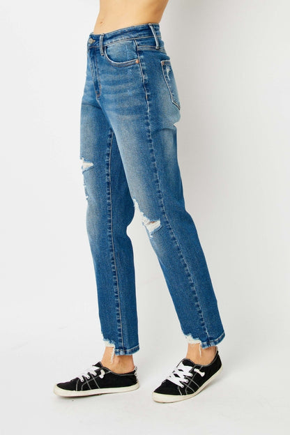 Queen of Hearts Mid Rise Distressed Slim Jeans