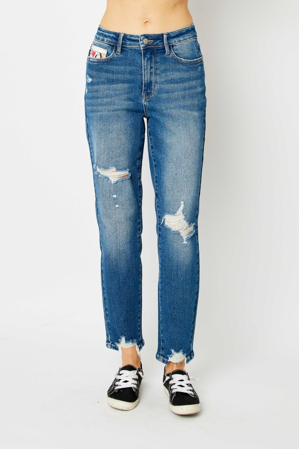 Queen of Hearts Mid Rise Distressed Slim Jeans