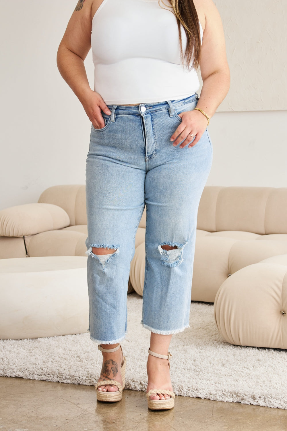 Caiti Tummy Control High Waist Raw Hem Distressed Jeans