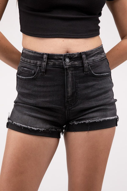 Washed Black Cuffed Raw Hem Denim Shorts