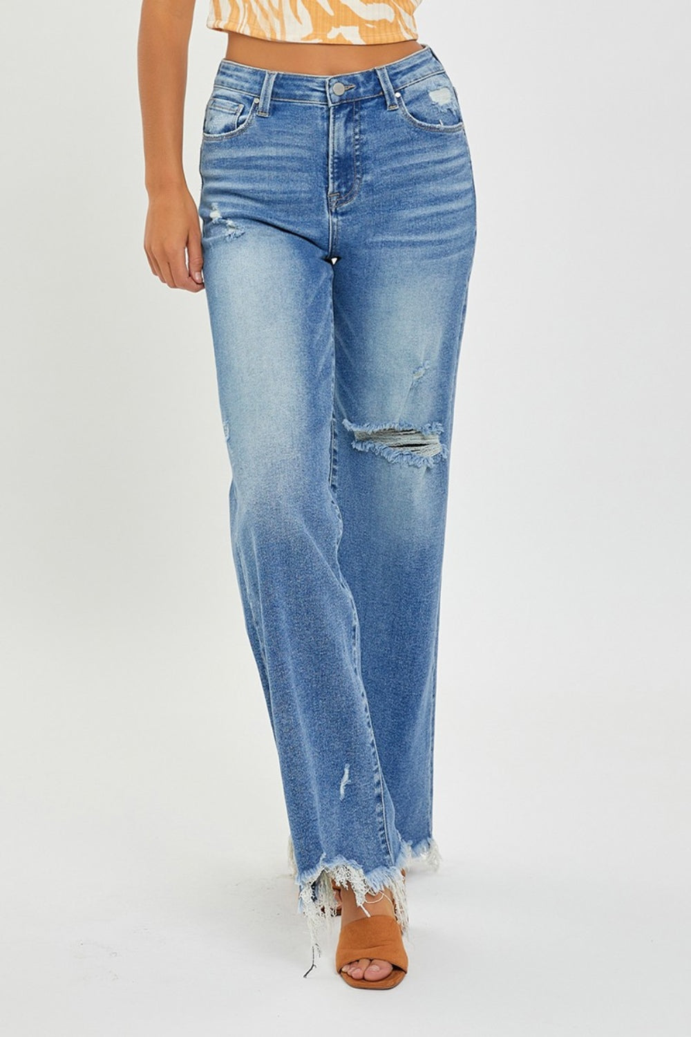 Victoria High Rise Frayed Hem Wide Leg Jeans