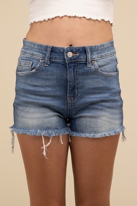 Zenana Mid Rise Raw Frayed Hem Denim Shorts