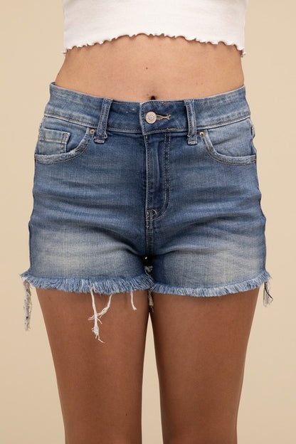 Zenana Mid Rise Raw Frayed Hem Denim Shorts