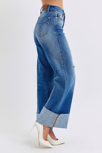 Desi High Rise Distressed Retro Wide Leg Jeans