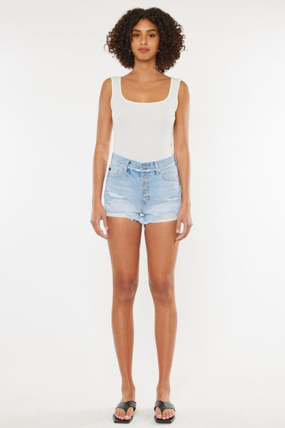 Gigi High Rise Distressed Button Fly Denim Shorts