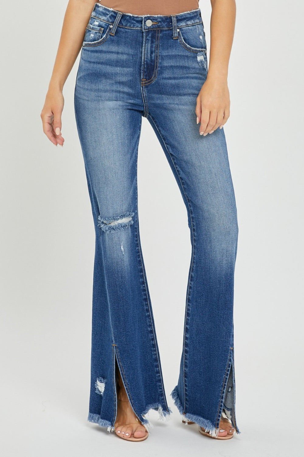 Matty High Rise Front Slit Frayed Hem Flare Jeans