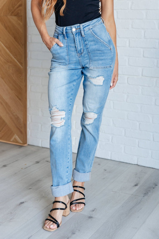 Aiden High Rise Patch Pocket Distressed Boyfriend Jeans - Driftwood Boutique