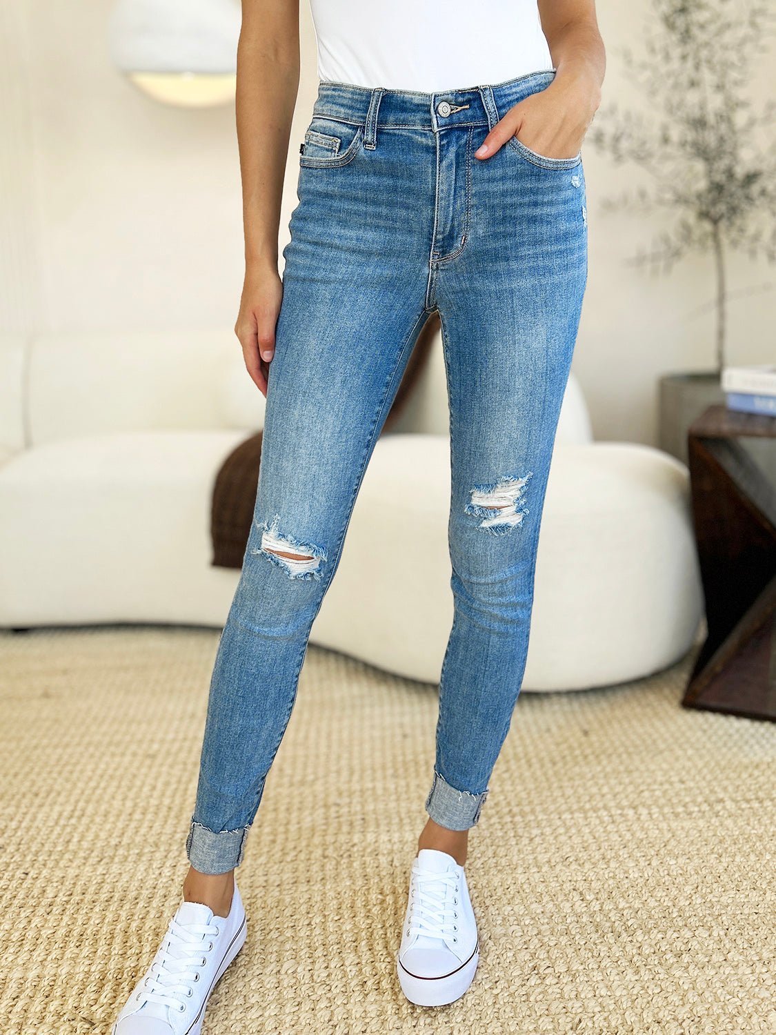 Anika Mid Rise Distressed Cuffed Skinny Jeans - Driftwood Boutique