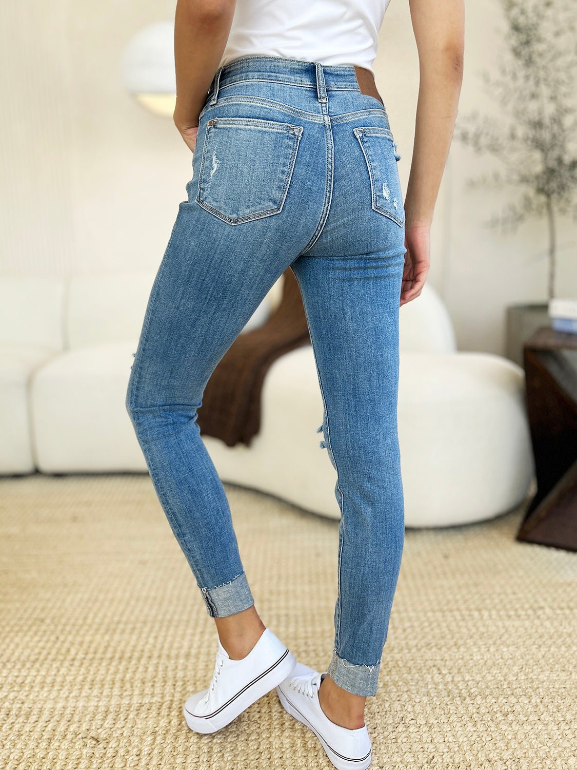 Anika Mid Rise Distressed Cuffed Skinny Jeans - Driftwood Boutique