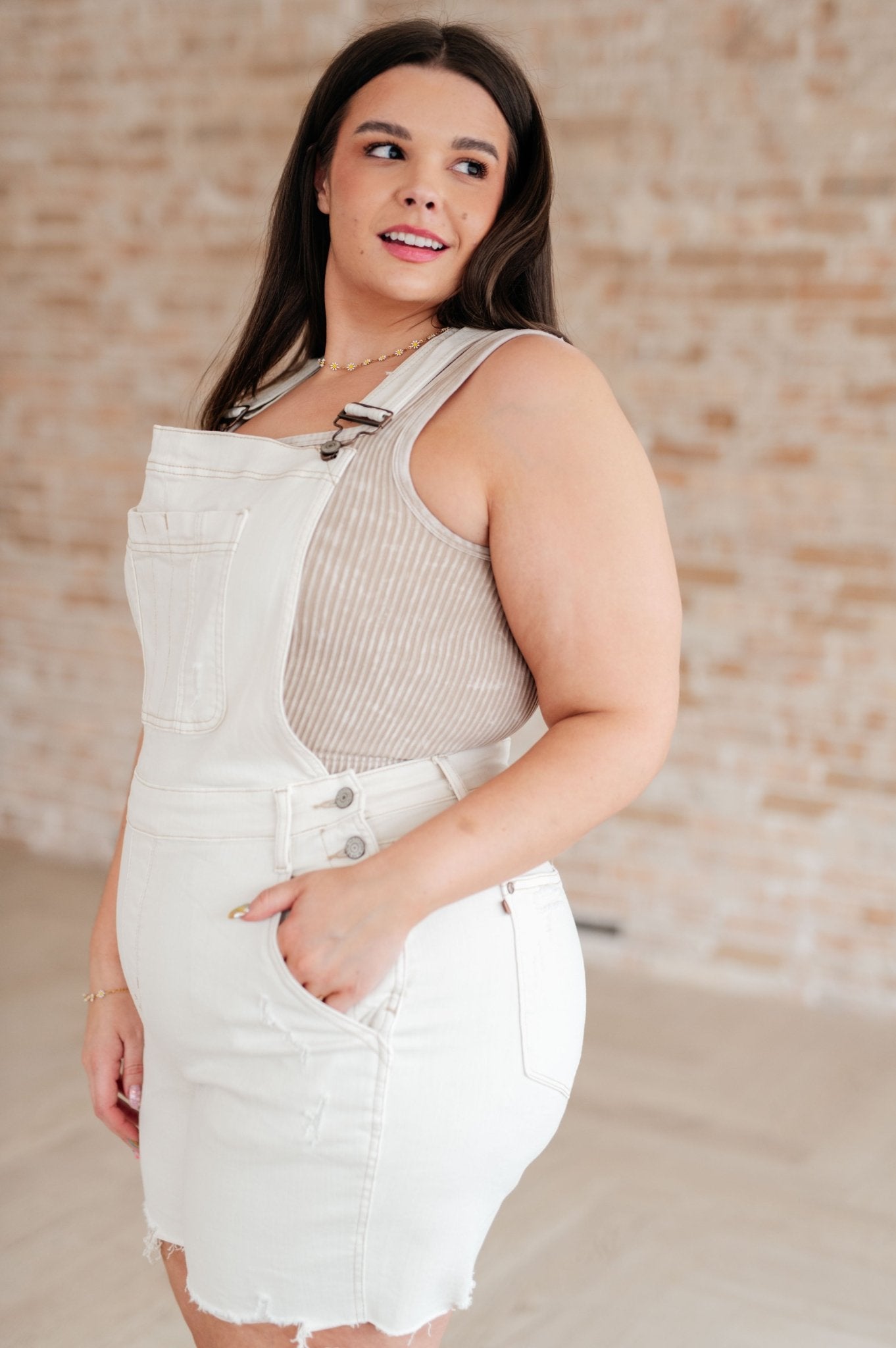 Anna High Rise Garment Dyed Cutoff Shortalls in Ecru - Driftwood Boutique