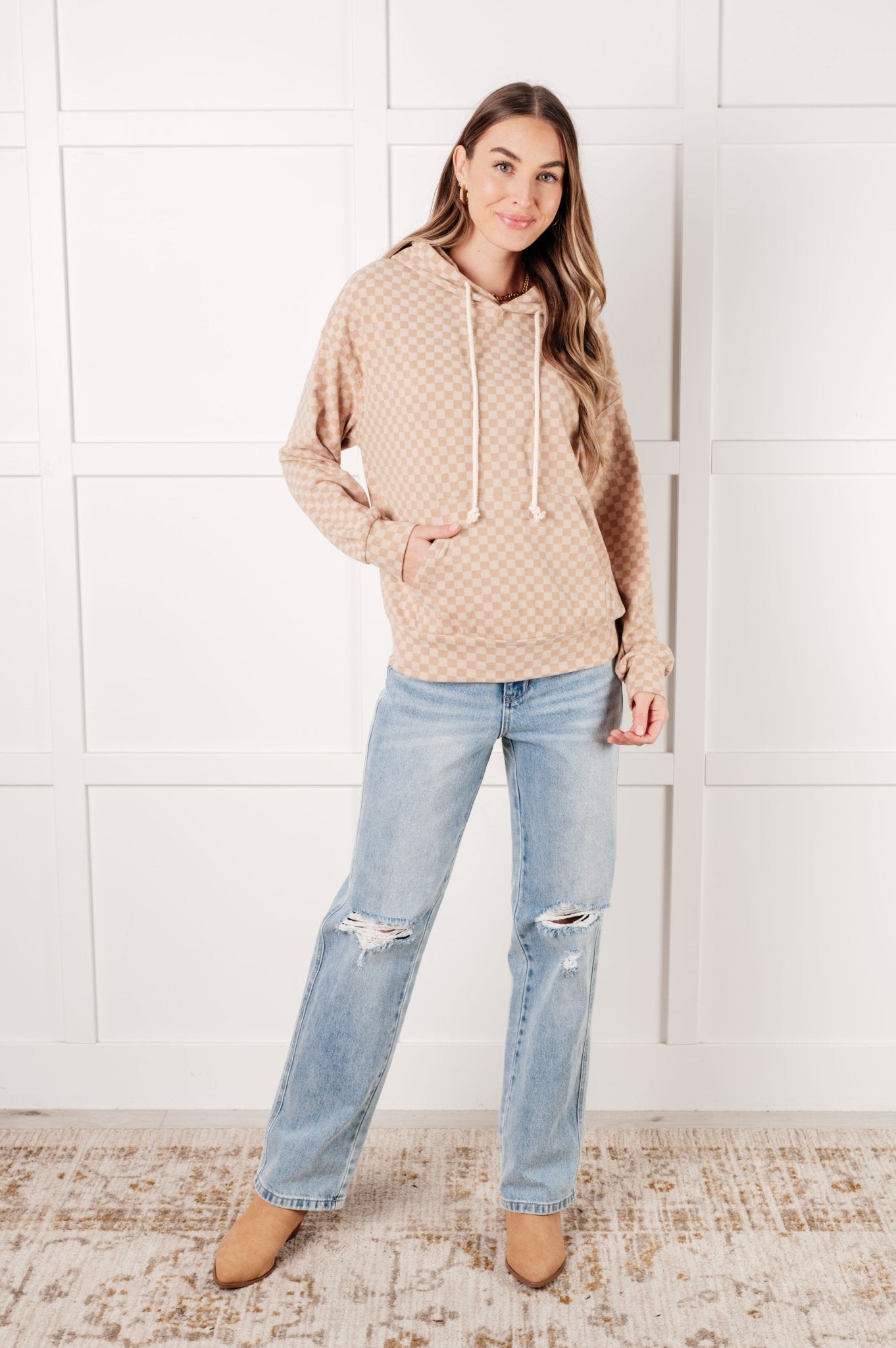 Ask Me Out Checkered Hoodie in Khaki - Driftwood Boutique