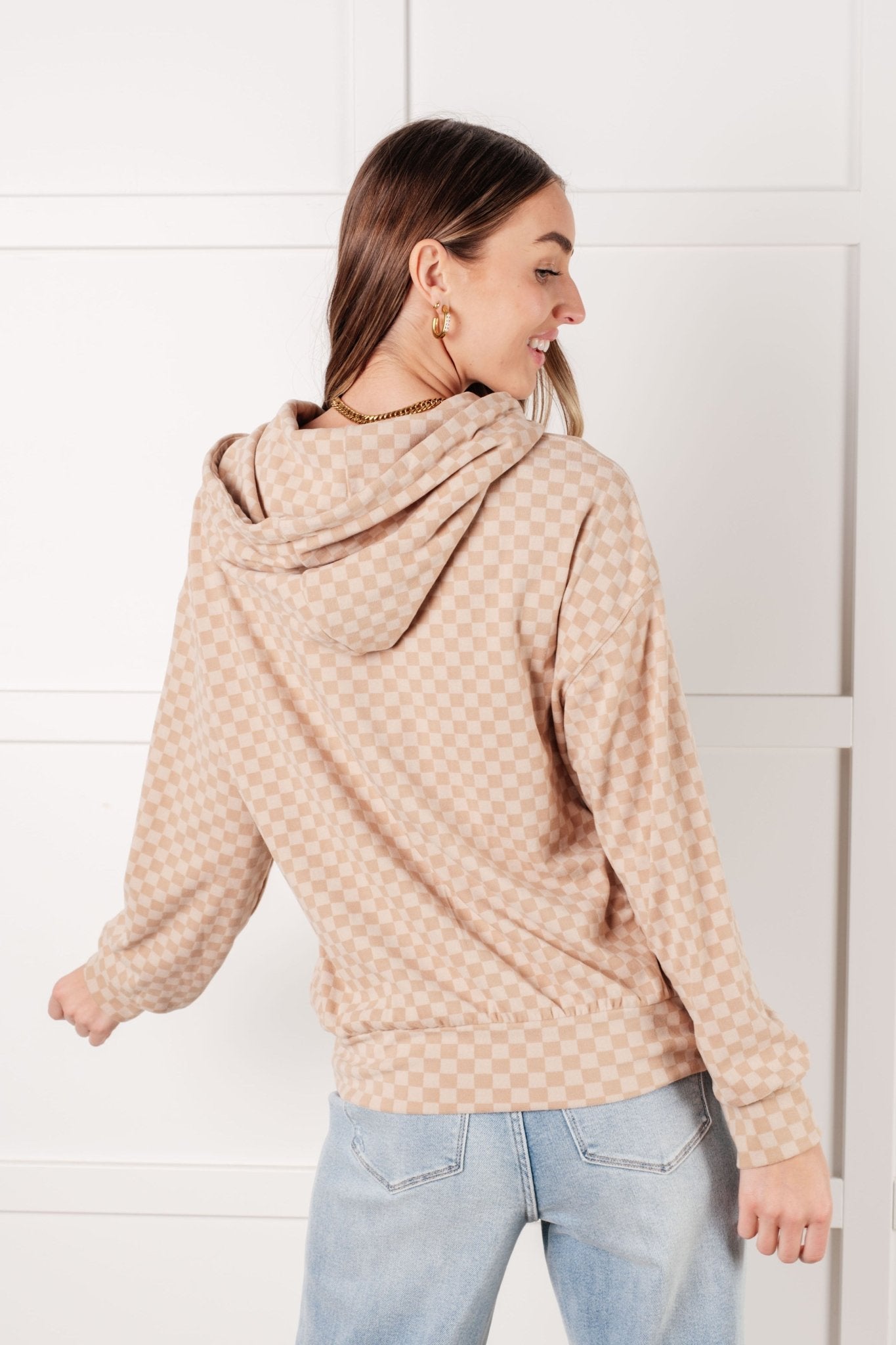 Ask Me Out Checkered Hoodie in Khaki - Driftwood Boutique