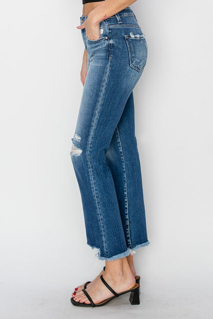 Rowan Mid Rise Frayed Step Hem Ankle Straight Jeans