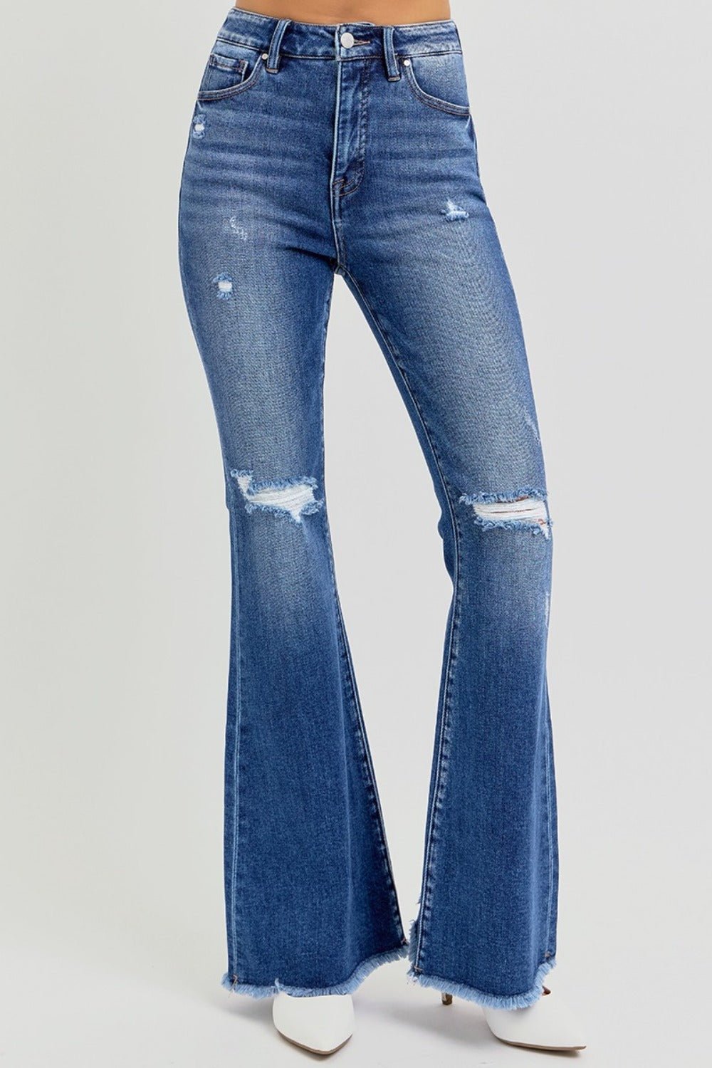 Bailee High Rise Raw Hem Distressed Flare Jeans - Driftwood Boutique