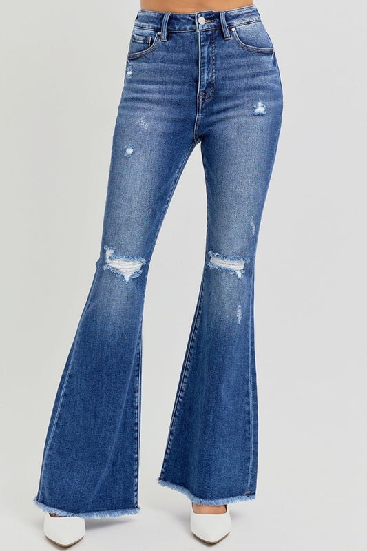 Bailee High Rise Raw Hem Distressed Flare Jeans - Driftwood Boutique