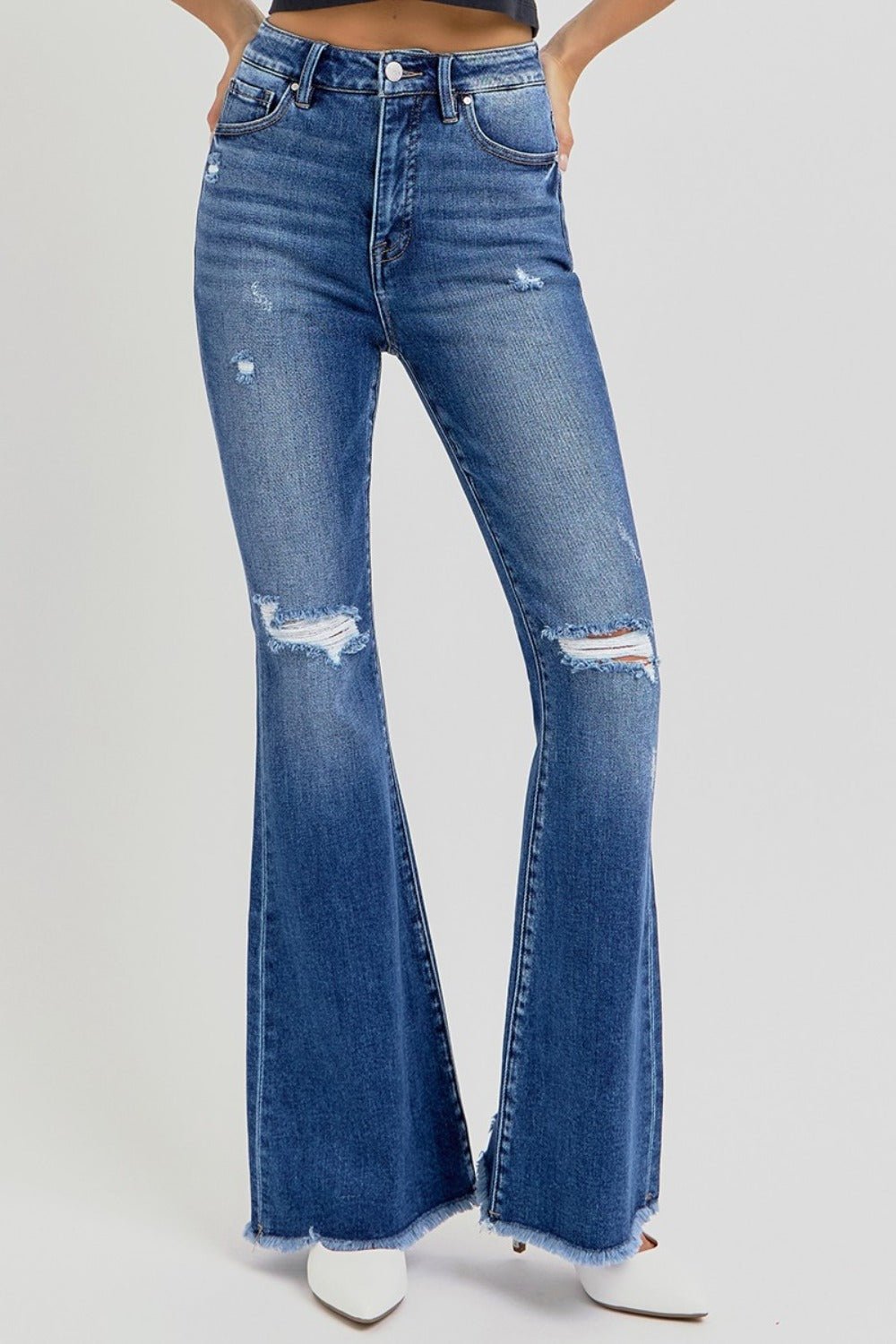 Bailee High Rise Raw Hem Distressed Flare Jeans - Driftwood Boutique