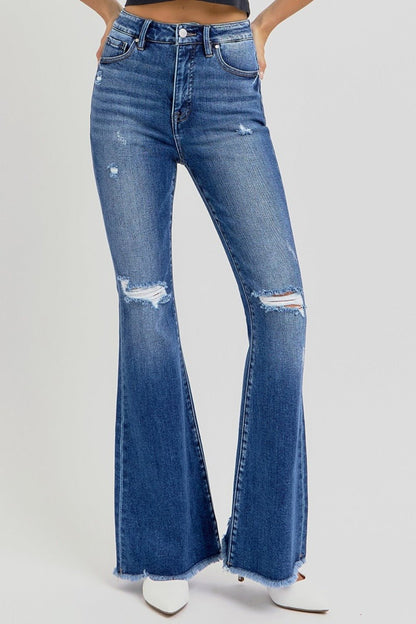 Bailee High Rise Raw Hem Distressed Flare Jeans - Driftwood Boutique
