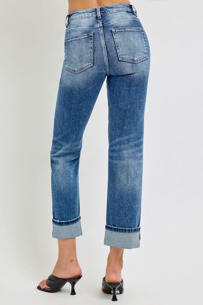 Sable High Rise Crop Straight Rolled Hem Jeans