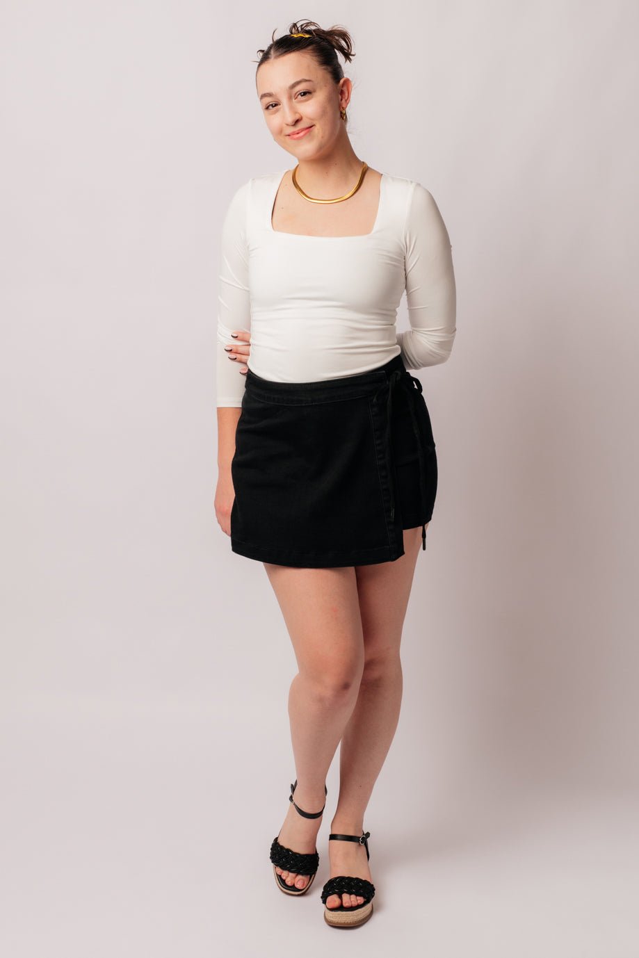 Bentli High Rise Side Tie Denim Skort in Black - Driftwood Boutique