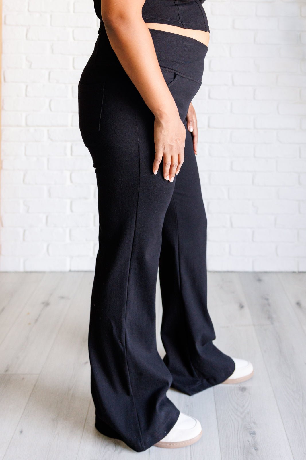 Building Habits Twill Flared Crossover Waist Pant in Black - Driftwood Boutique