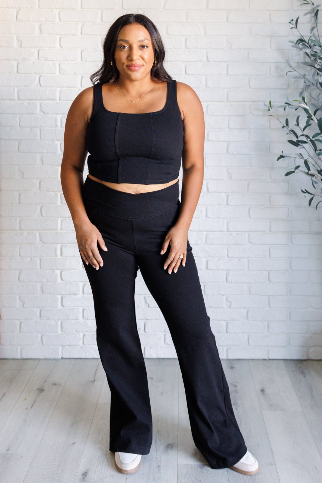Building Habits Twill Flared Crossover Waist Pant in Black - Driftwood Boutique