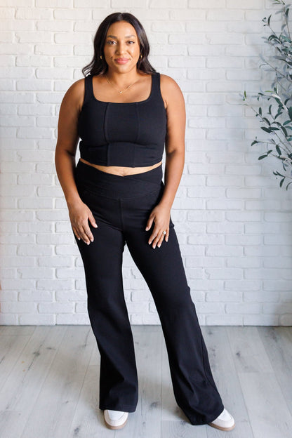 Building Habits Twill Flared Crossover Waist Pant in Black - Driftwood Boutique