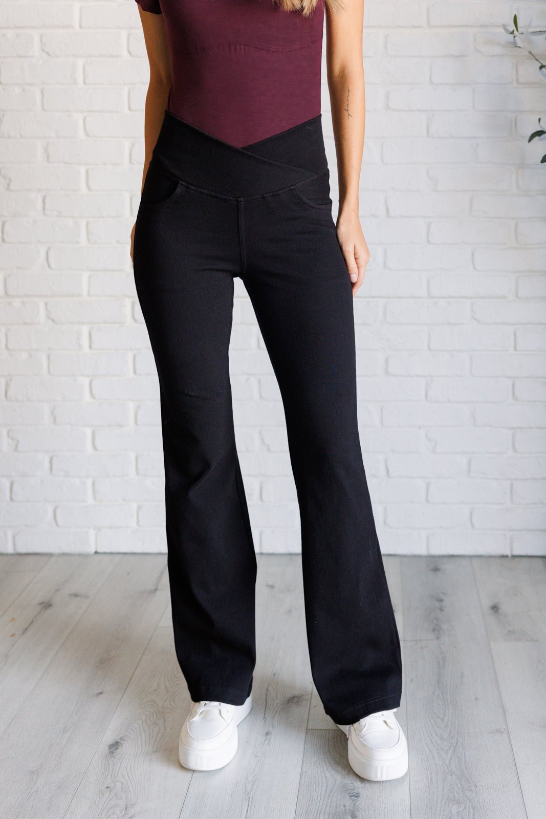 Building Habits Twill Flared Crossover Waist Pant in Black - Driftwood Boutique