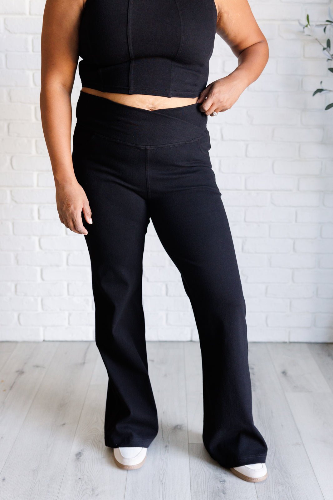 Building Habits Twill Flared Crossover Waist Pant in Black - Driftwood Boutique