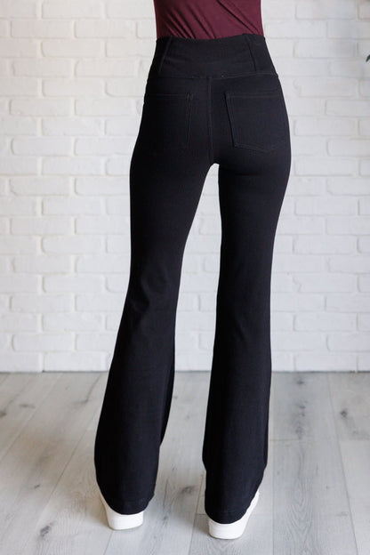 Building Habits Twill Flared Crossover Waist Pant in Black - Driftwood Boutique