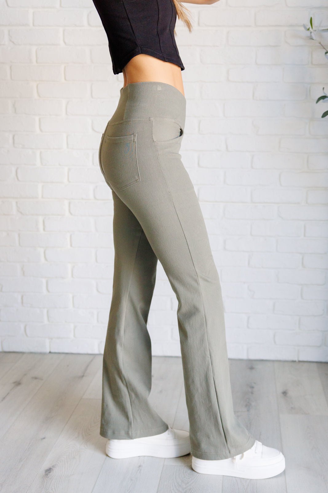 Building Habits Twill Flared Crossover Waist Pant in Dusty Olive - Driftwood Boutique