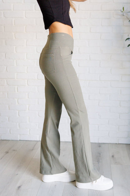 Building Habits Twill Flared Crossover Waist Pant in Dusty Olive - Driftwood Boutique