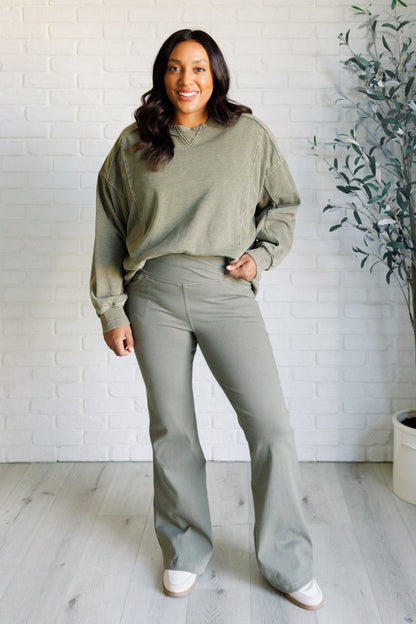 Building Habits Twill Flared Crossover Waist Pant in Dusty Olive - Driftwood Boutique