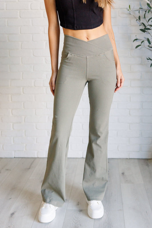 Building Habits Twill Flared Crossover Waist Pant in Dusty Olive - Driftwood Boutique