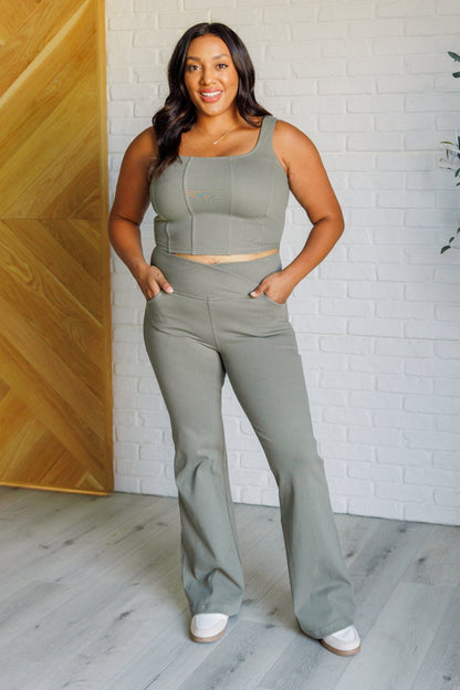Building Habits Twill Flared Crossover Waist Pant in Dusty Olive - Driftwood Boutique