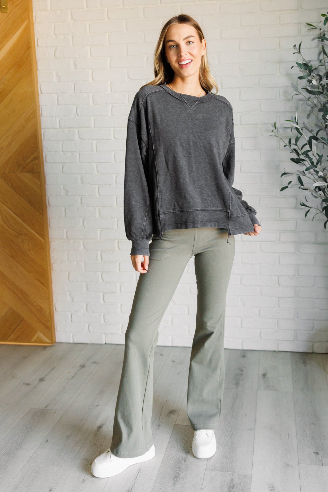 Building Habits Twill Flared Crossover Waist Pant in Dusty Olive - Driftwood Boutique