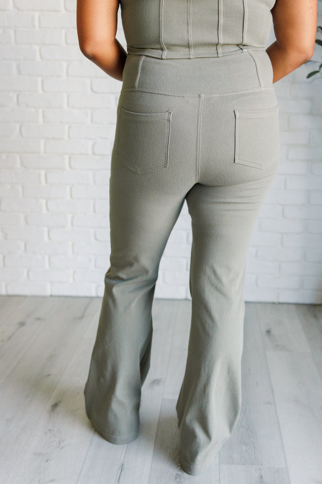 Building Habits Twill Flared Crossover Waist Pant in Dusty Olive - Driftwood Boutique