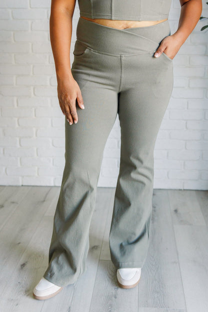 Building Habits Twill Flared Crossover Waist Pant in Dusty Olive - Driftwood Boutique