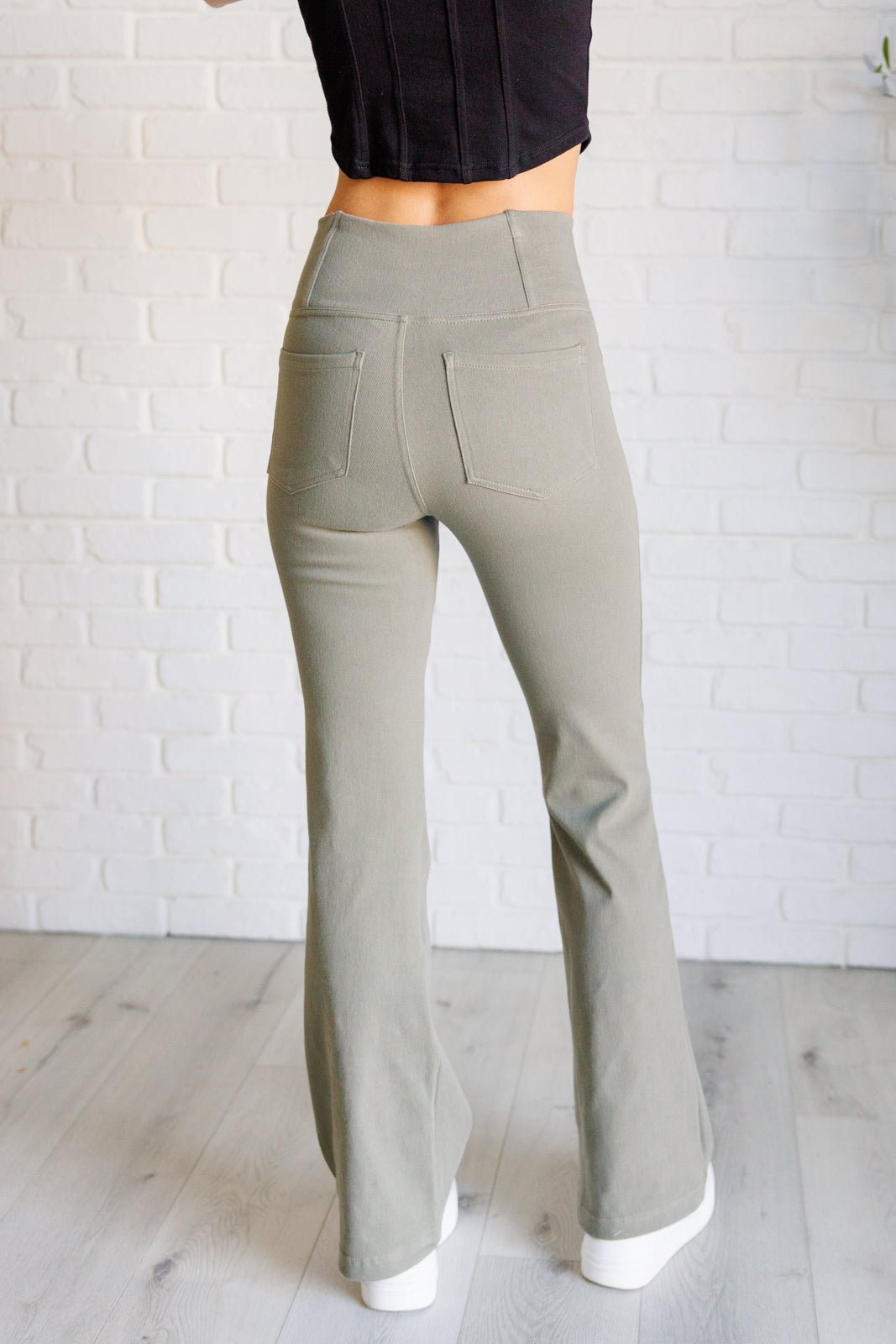 Building Habits Twill Flared Crossover Waist Pant in Dusty Olive - Driftwood Boutique