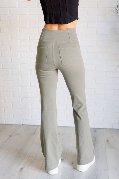 Building Habits Twill Flared Crossover Waist Pant in Dusty Olive - Driftwood Boutique