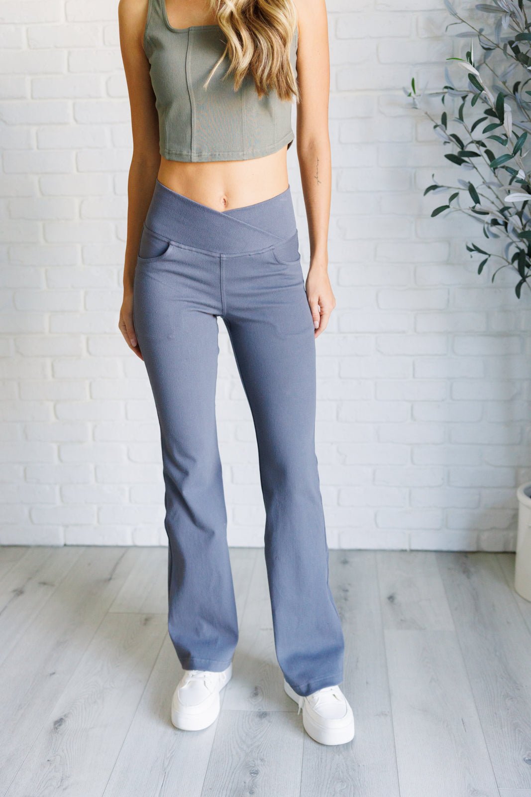 Building Habits Twill Flared Crossover Waist Pant in Titanium - Driftwood Boutique